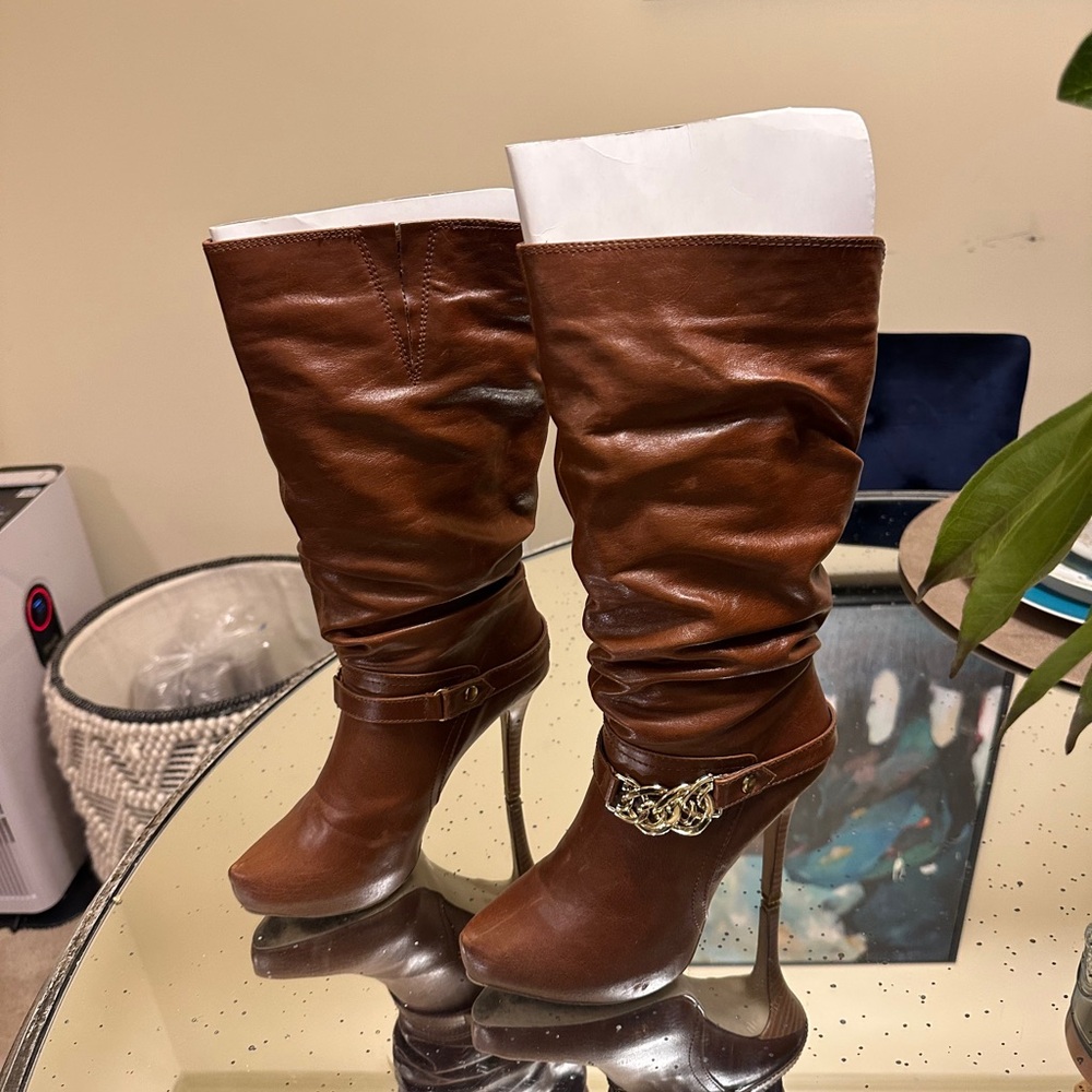 Brown Heeled Boots with Stiletto Heel and Ankle Strap
